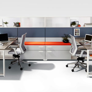Shared Workspace with Layered Storage and Guest Seats Shared Workspace with Layered Storage and Guest Seats