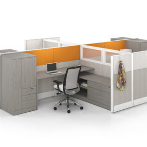 Uni-T Workstations with Layered Storage and Accent Fabric Uni-T Workstations with Layered Storage and Accent Fabric